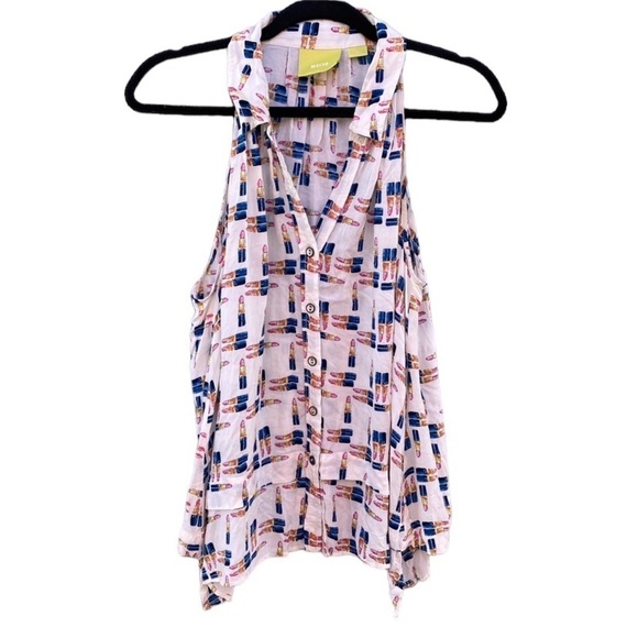 Maeve Novelty Print Lipstick Makeup Halter Button Collared Top Sz 6 - Picture 1 of 9